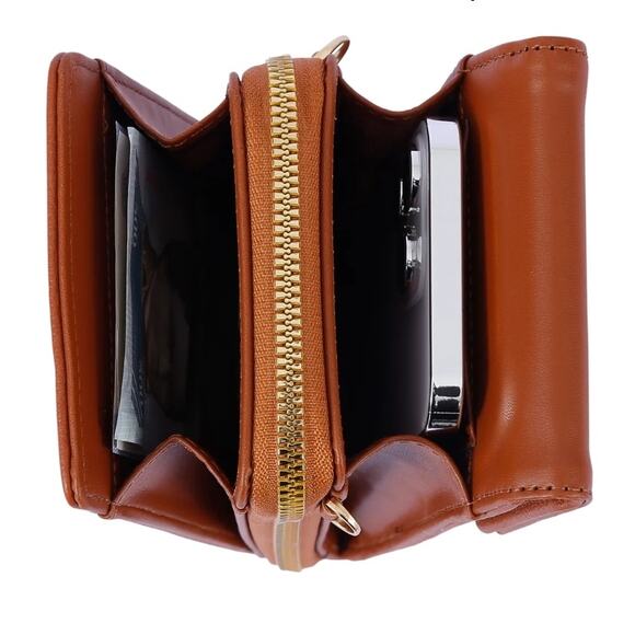 BLACK LEATHER PHONE CROSSBODY BAG DOUBLE COMPARTMENT DONNA & BECKY ELEGANT DAISY - Picture 4 of 5